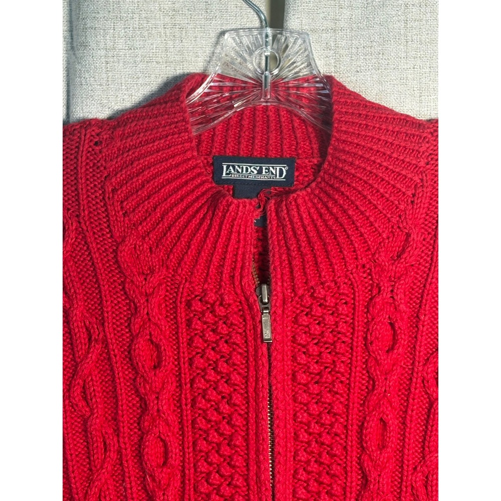 Lands End Red Cable Knit Full Zip Cardigan Sweater Petite Large 14-16 Mock Neck
